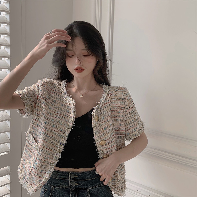 Tweed Summer Short Sleeve Women Coat Elegant Causal Cardigan Jacket Korean Single Breasted Outwear 210519
