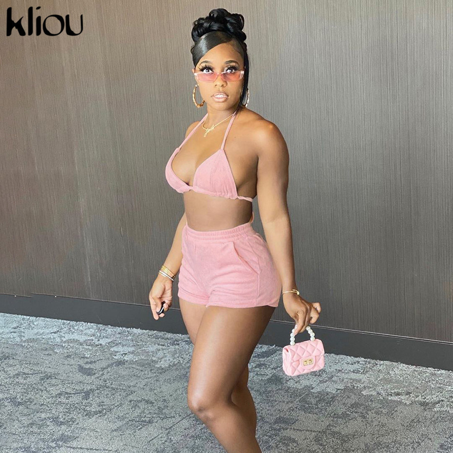 Kliou women two piece outfits fashion halter backless sexy brabiker shorts matching set bandage female vacation party clubwear T200826
