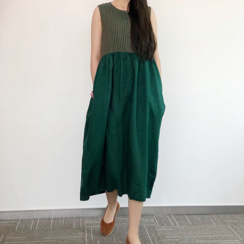 Johnature Cotton Linen Retro Patchwork Striped O-neck Pocket Sleeveless Dress Summer Loose Casual Women Plus Size Dress 210521, Green
Johnature Cotton Linen Retro Patchwork Striped O-neck Pocket Sleeveless Dress Summer Loose Casual Women Plus Size Dress 210521, Green