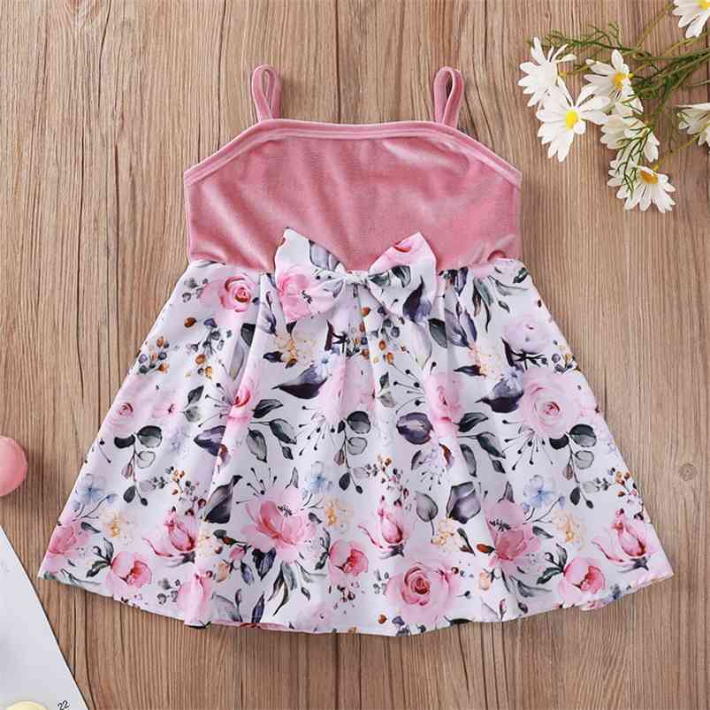 

Summer Girls Dress Cute Strap Patchwork Bow Print Floral Girl Vestidos 3-10T 210629, Pink