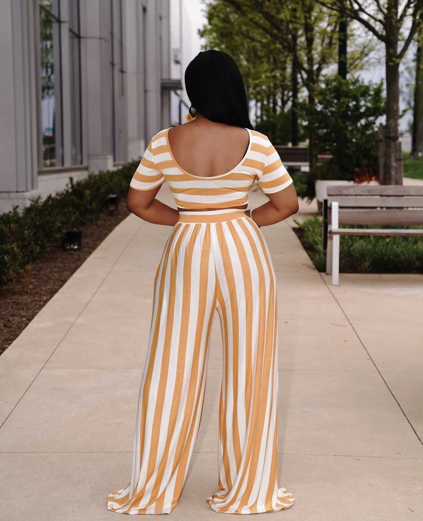 Women's Two Piece Pants Designers Women Clothes 2023 fashion open navel striped wide leg pants two-piece suit Recommend