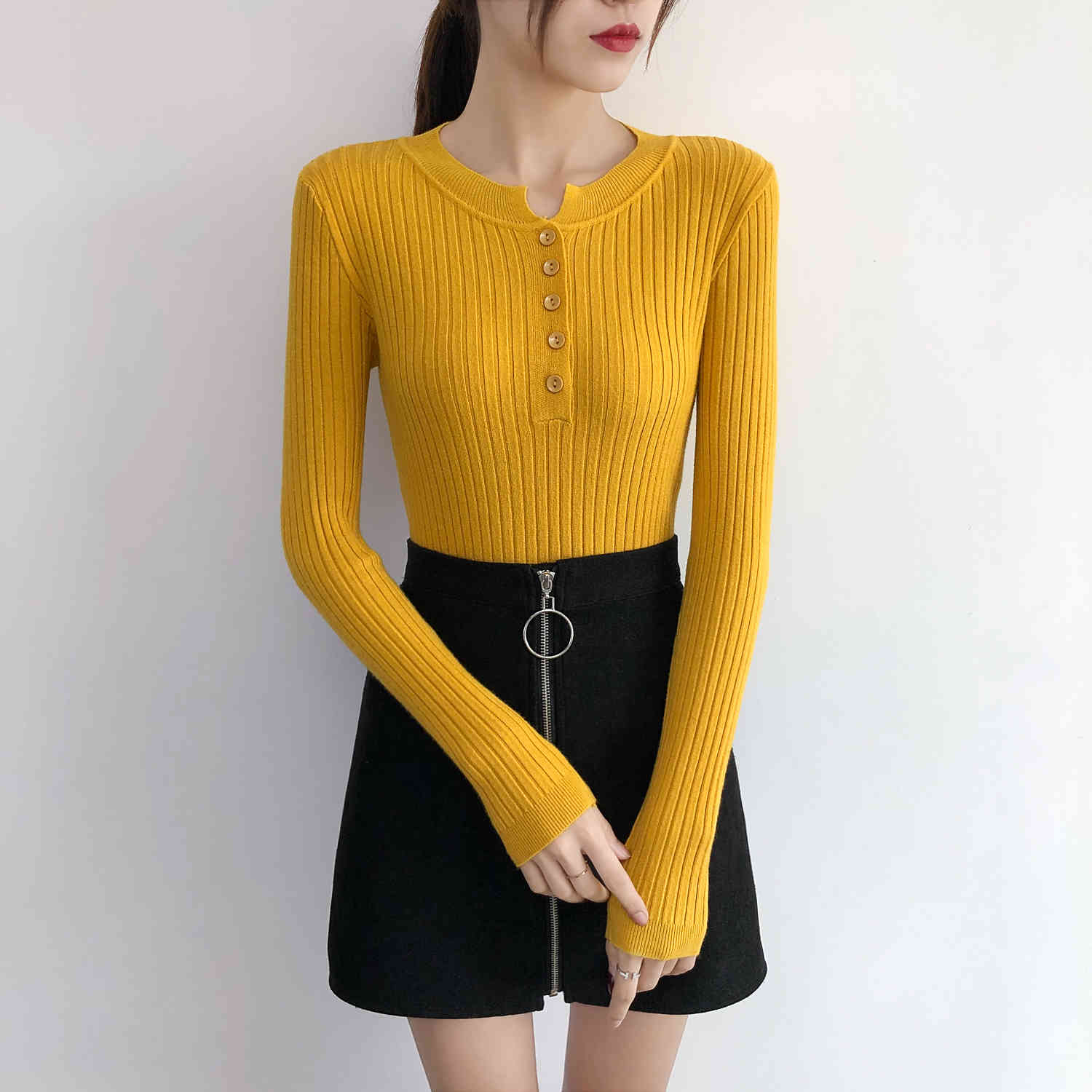 Winter Slim Elasticity Solid Round Neck Knitted Long Sleeve Women Shirts Autumn Sweaters Clothes Button 7577 50 210510