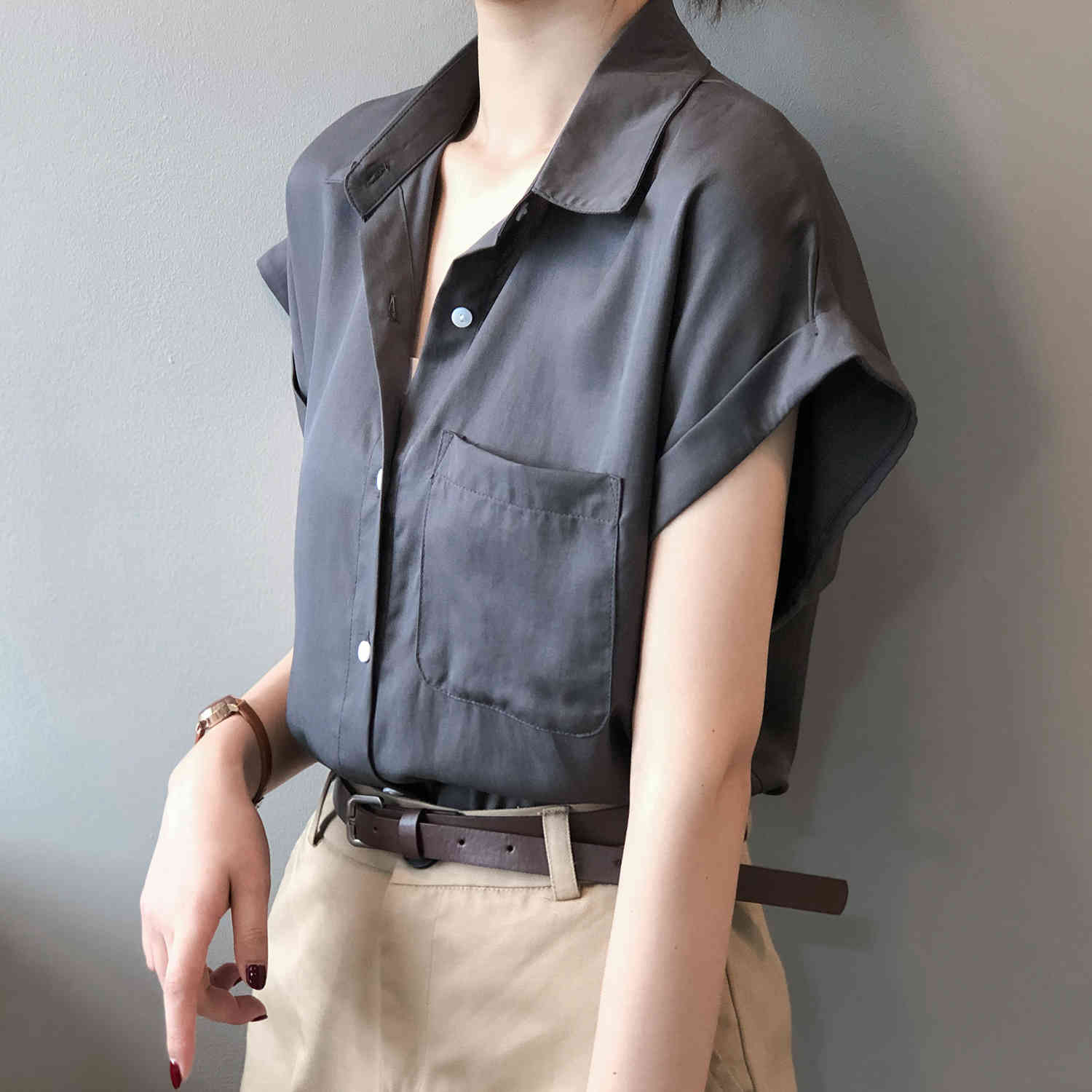 Summer Korean Casual Women Shirt Tops Short Sleeve Turn-down Collar Pocket Solid Loose Female Blusas Mujer 210514