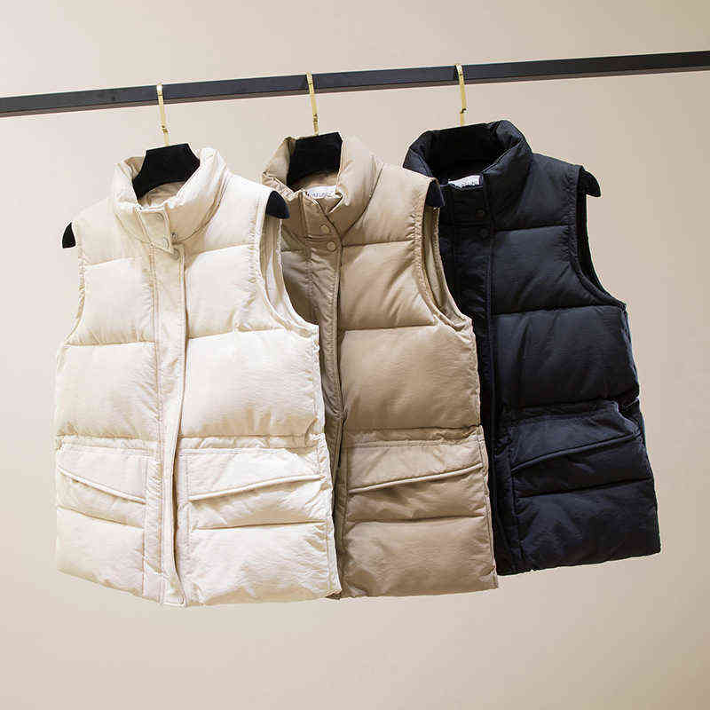 Solid Short Style Vest for Women Cotton Padded Women's Winter Sleeveless Jacket with Zipper Stand Collar Casual Coats 211105