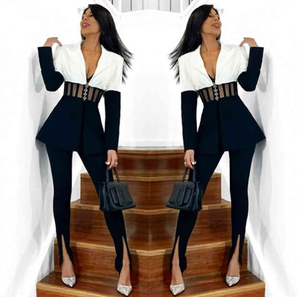 Winter Women Patchwork V Neck Lace 2 Two Pieces Sets Sexy Long Sleeve & Full Pants Club Party Evening Casual 210423