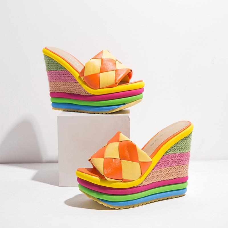 Sandals 2021 Summer Platform Wedge For Women's With Lovely Ainbow Color Weave Fish Mouth High Heels Shoes