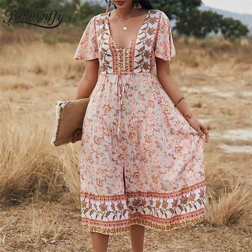 V-neck Button Detail Tie Waist Dresses Women Summer Holiday Boho Short Sleeve Floral Print Split Long Dress 210510