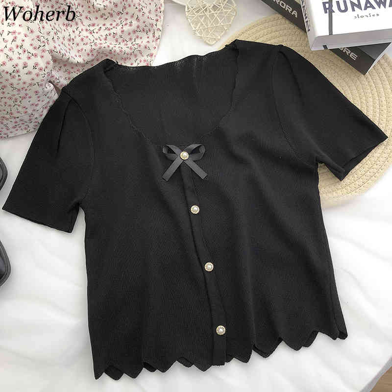 Korean Vintage Knitted Pullover Tops Summer Women Short Sleeve Single Breasted Kntiwear Sweater Elegant Ladies Jumpers 210519