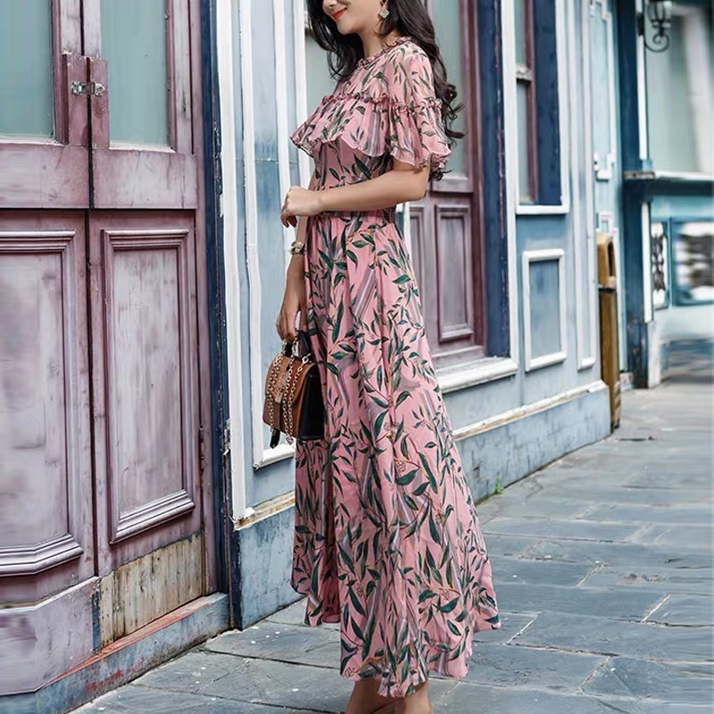 spring summer floral printed maxi dress for women ruffles chiffon o-neck casual daily dresses vestidos plus size 2xl 210421