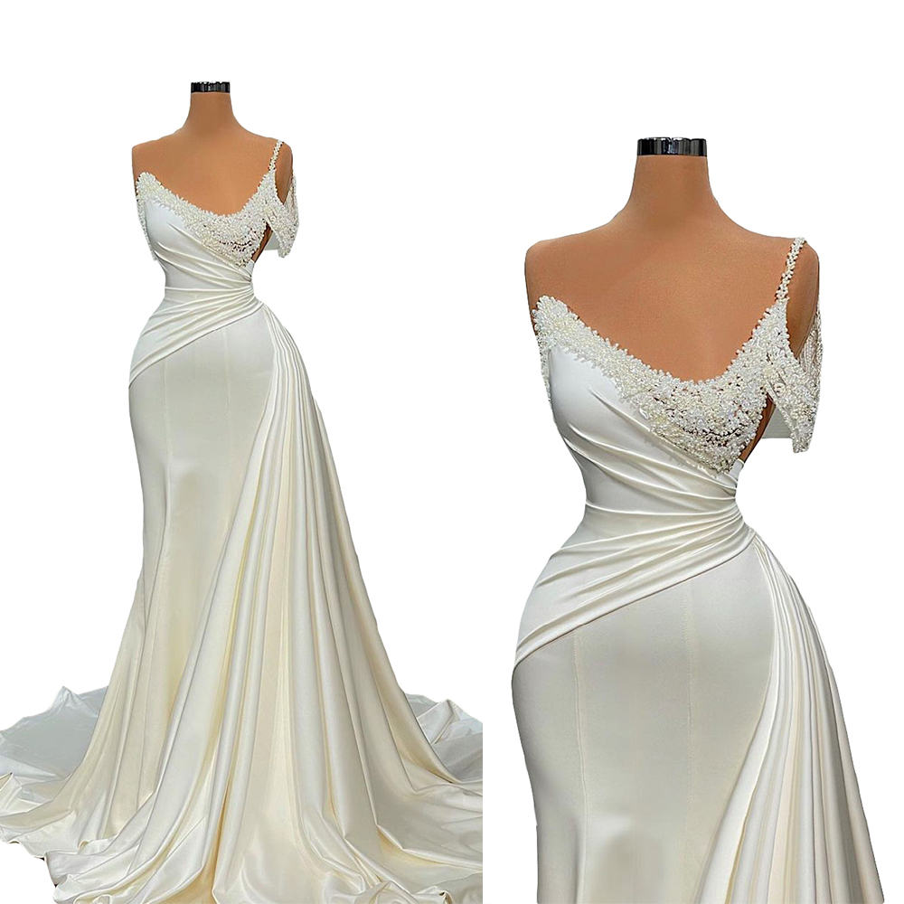 Classic Mermaid Formal Prom Dresses With One-shouder Strapless Pearl Evening Dress Chic Tiered Party Gowns Custom Made Satin Robe de mariée