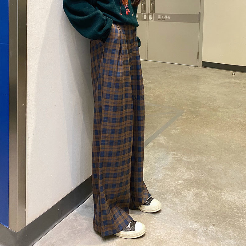 SML korean style plaid vintage straight trouser female autumn high waist long pants womens (X1615) 210423