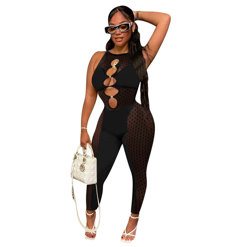 Sexy Hollow Out Jumpsuits Women Mesh Jumpers suit Sleeveless Bodycon Bodysuits Night Club Wear Skinny see through sheer Rompers Wholesale Bulk 6909