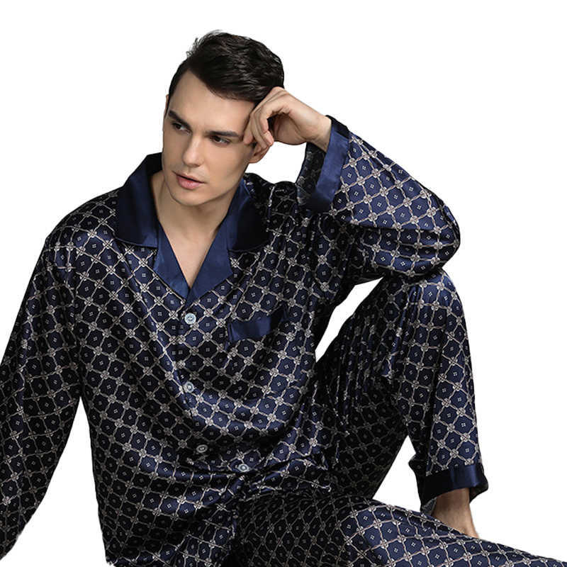 High Quality Silk pajamas paisley Men long-sleeved shirt + trousers two pieces Sleepwear Set Plus Size Pyjamas home clothes Male 211019