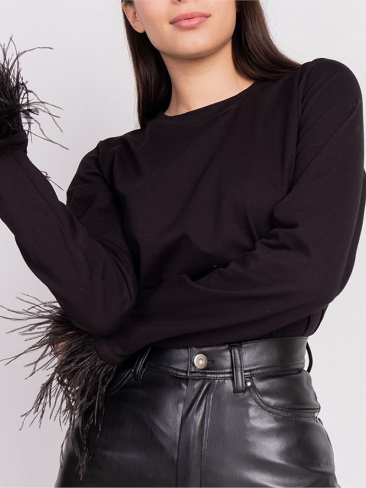 Early Spring Women Elegant Splicing Feather Long Sleeve Blouse T-Shirt Female Fashion Chic Simple Casual Pullovers Top 220307