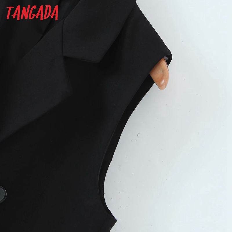 Women Black Double Breasted Crop Vest Jacket Ladies Wear Casual Suit Waistcoat Pockets Outwear Tops QD03 210416