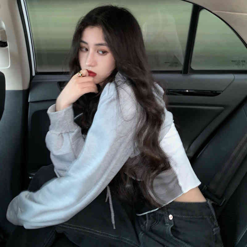 autumn korean style short Women Sweatshirts Long Sleeve loose soild color Sweatshirt Womens pullovers (C2856) 210423