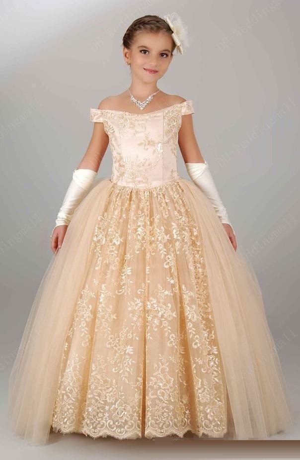 Vintage Flower New Girls Dresses For Wedding Off Shoulder Lace Champagne Princess Party Children Birthday Girl Pageant Gowns