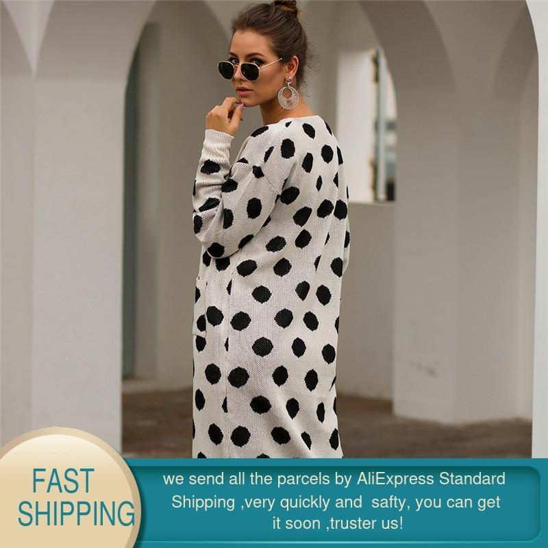 Women Sweaters Jacket Winter Knitted Cashmere Long Cardigan Sleeve White Warm Polka Dot Sweater 210428