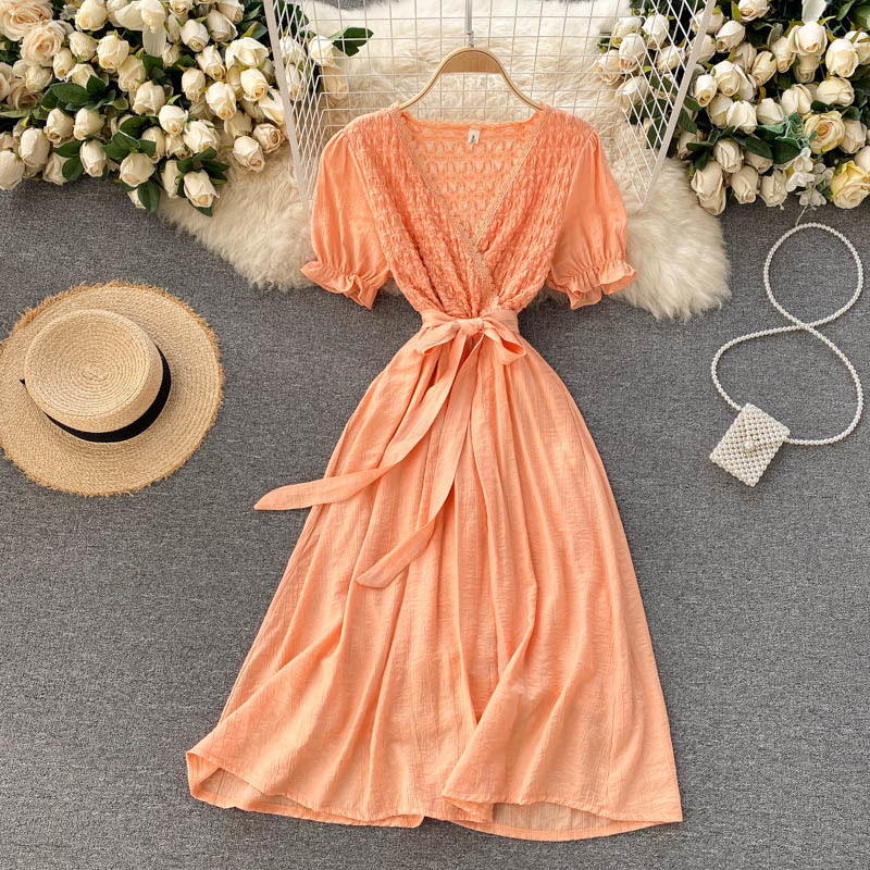 LFL Summer Casual Chic Streetwear A-line Midi Dress Women Elegant French Dress Sweet Puff Sleeve Lace V Neck Belt Dresses 210521