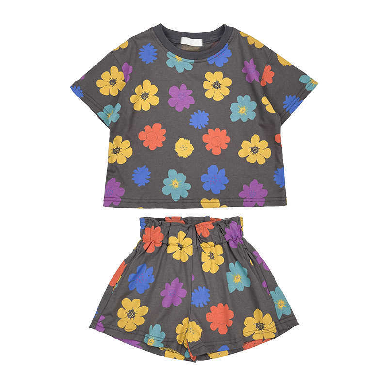 Toddler Girls Floral Clothing Set Summer Cotton Fashion Ins Outfit 2pcs Flowers Tops and Shorts Korean Causal Wear 210529