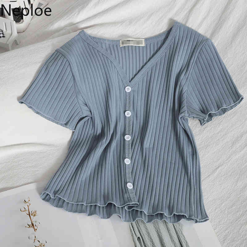 Neploe Shirts for Women Casual Sweet Student Short Sleeve Tops Summer New Korean Style V Neck Ruffles Tshirt Women Tees 210422