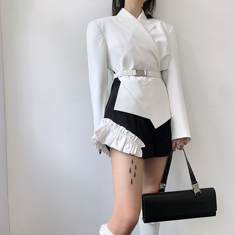 [DEAT] Notched Collar Solid Color Side Split Cut Belt Irregular Suit Coat Temperament British Style Suit Spring GX659 210428