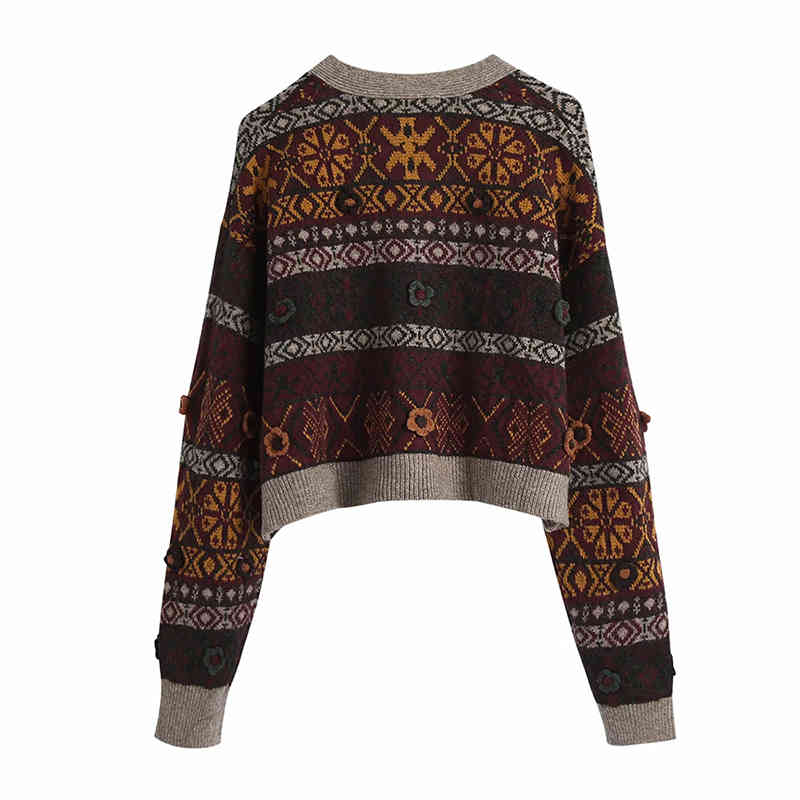 Retro Tribal Ethnic Style Jacquard Sweater Long Sleeve V-Neck Knitted Cardigan Autumn And Winter Sweet Floral Jacket 210521