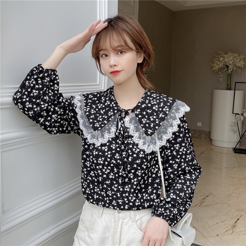Shirts & Blouses Sweet Chic Puff Long Sleeve Blue Floral Blouse Women Peter Pan Collar Tops Blusas Mujer De Moda Japan Style 210429