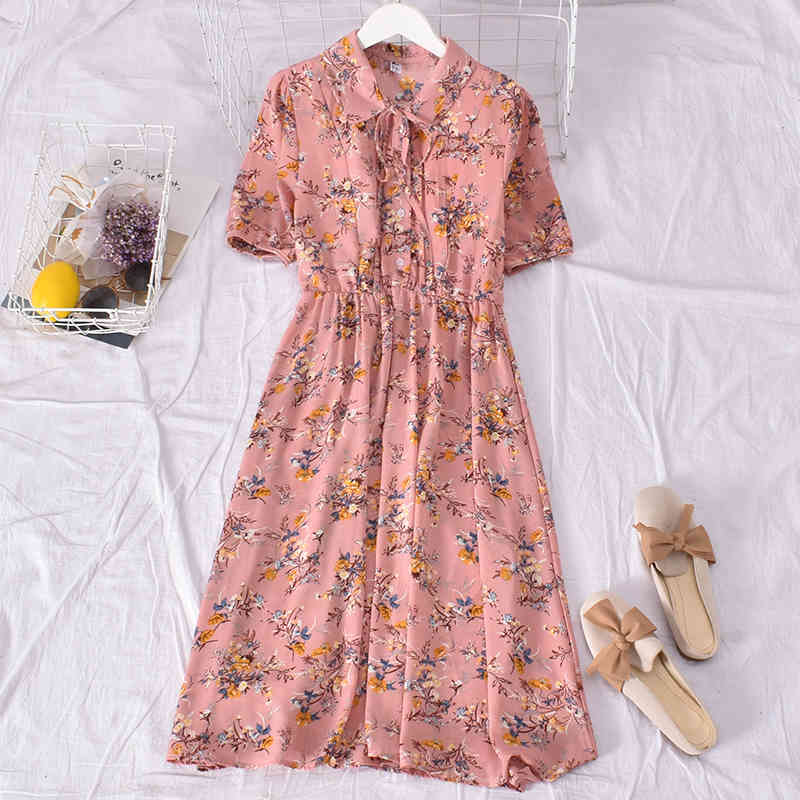 Girls Kawaii Chiffon Dress Floral Print Vintage Boho Women Ruffle Tie Front V Neck Summer Ladies Sweet 210519