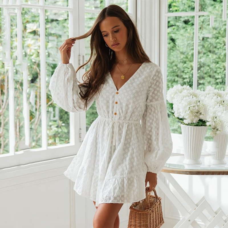 Long sleeve polka dot white dress women sexy backless short dress high fashion mesh tulle dress autumn winter vestidos 210415