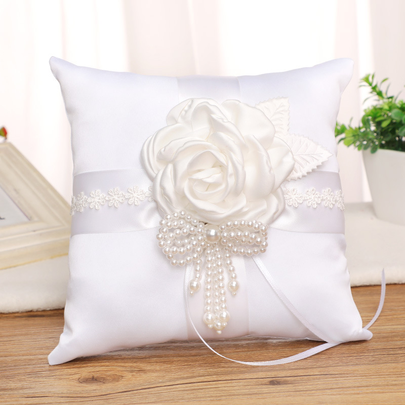White Wedding Flower Basket Ring Pillow Set with Satin Rose Pearl Bow-knot Bride Girl Baskets Decor H-5714