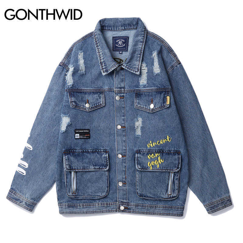 GONTHWID Multi Pockets Van Gogh Starry Night Embroidery Print Distressed Destroyed Denim Jean Jackets Coats Hip Hop Streetwear 210820