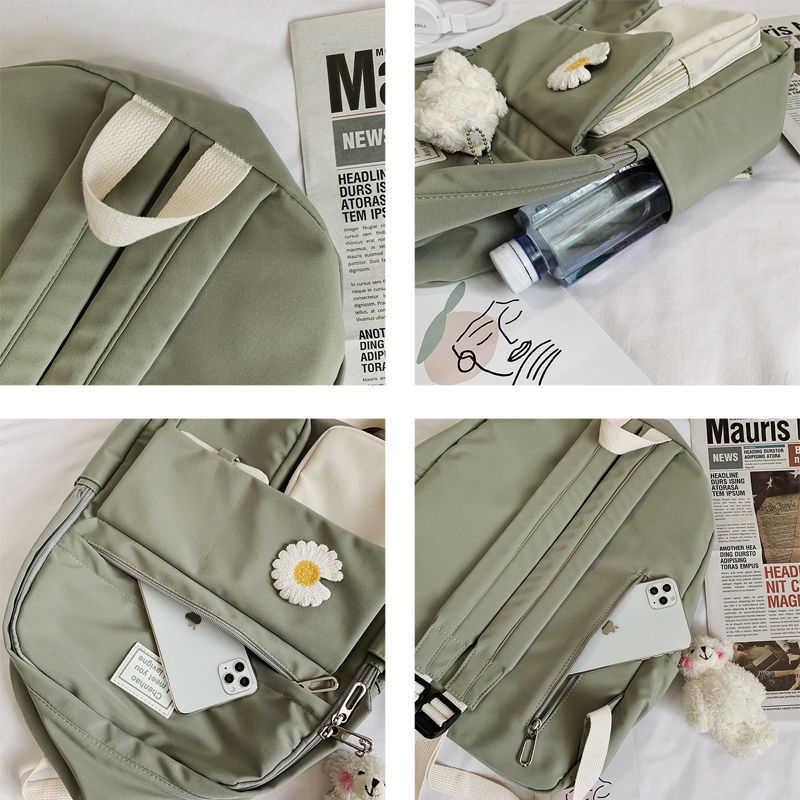 Girls School Bags for Teenagers Student Backpack Women Nylon Soft Patchwork Bookbag Teen Panelled Flowers Casual Schoolbag Black 210809