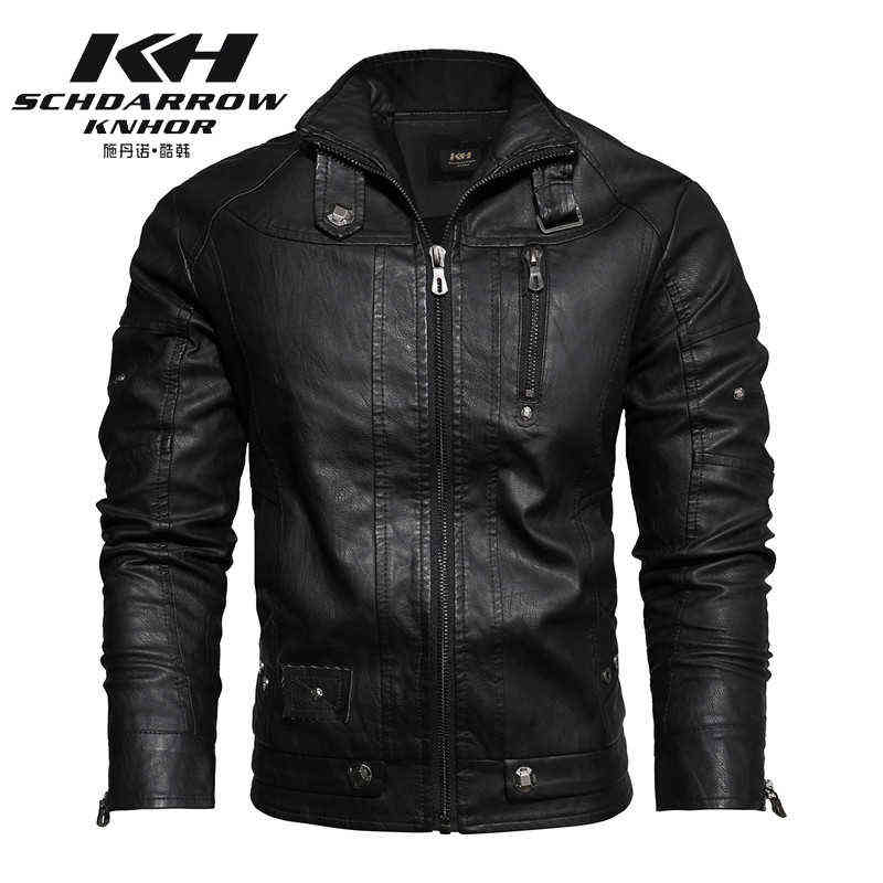 Autumn Winter Men's Motorcycle Leather Jacket Lining with Velvet Stand Collar Faded leisure Artificial Leather Coat 211111