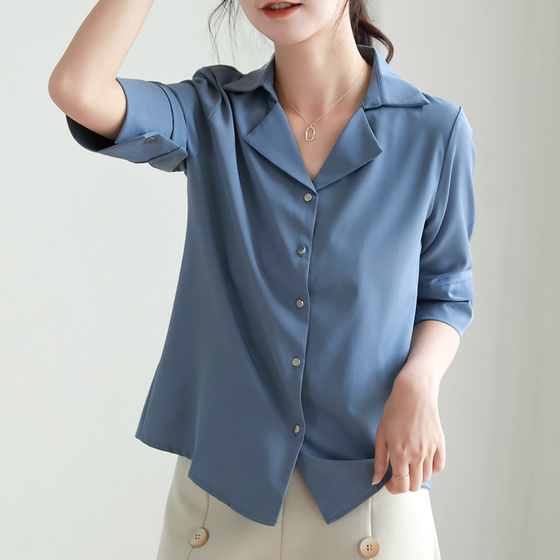 Korea Office Ladies Pure Shirts For Women Half Sleeve Blazer Collar Blouses Summer Single-breasted Female Loose Elegant Blousas 210514