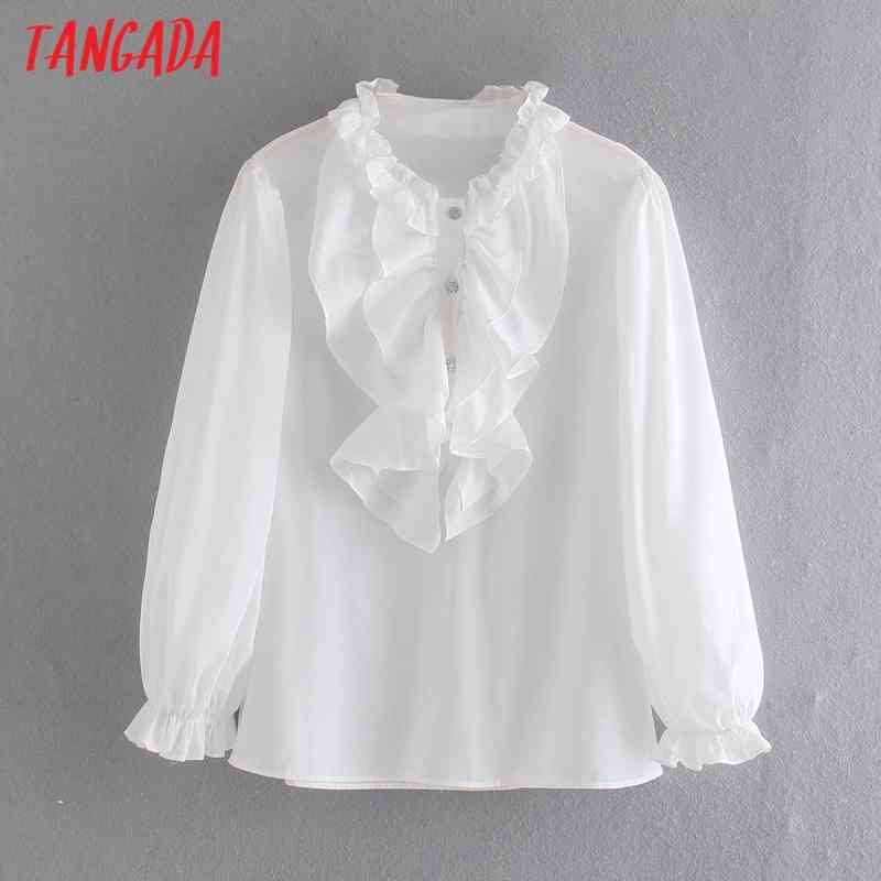 Women Retro Ruffles Beading Buttons Romantic Blouse Long Sleeve Chic Female Shirt Tops 4N22 210416