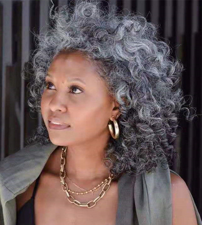 Silver grey curly Real human drawstring ponytail hairpiece salt and pepper natural highlights gray hair extension 120g 14inch