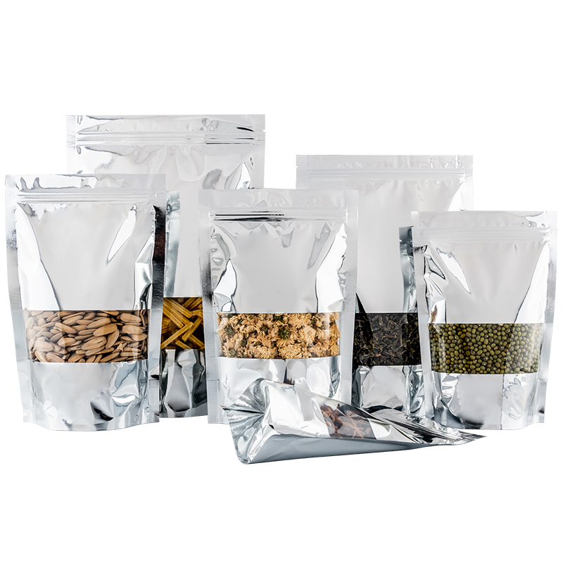 100pcs Stand up Glossy Silver Window Zip Lock Bag Resealable Plastic Sugar Snack Meat Coffee Kitechen Supplies X-mas Biscuits Heat Sealing Storage Pou