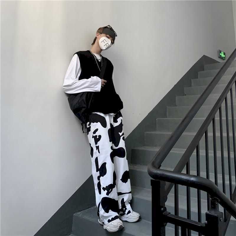 Casual wide leg pants men and women Korean version of the wild cow straight trousers high waist loose student beam feet slim 210526