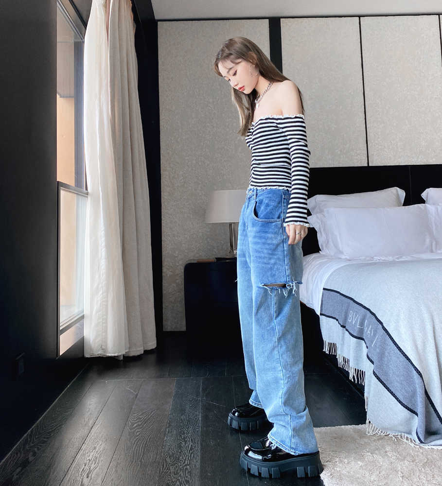 High Waist Women Ripped Jeans Straight Casual Streetwear Spring Fashion Iong Pants Baggy Blue Versatile Denim Trouser 210922