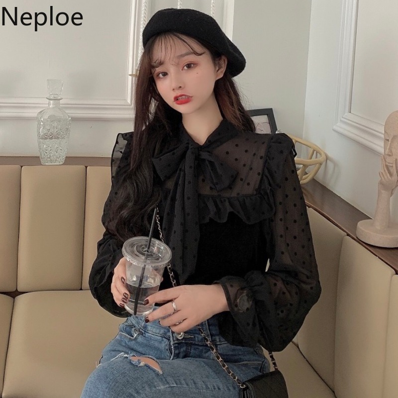 Neploe Women Tops Lace Up Bow Patchwork Polka Dot Blusas Mujer Long Sleeve Sweet Ruffles Shirts Loose Elegant Blouses 95126 210422
