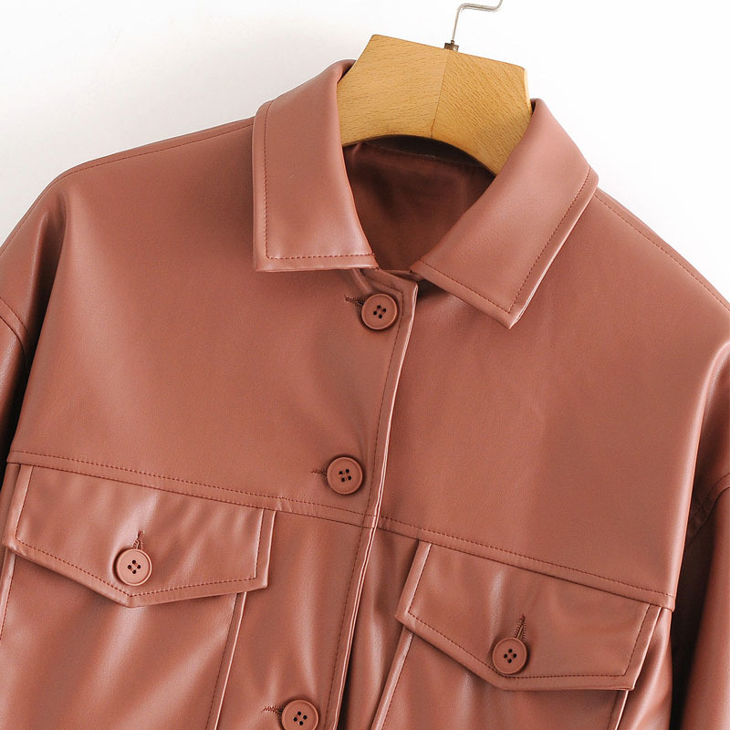 Simple PU Lapel Pocket Long Sleeve Single Breasted Windproof Fashion Chic Women's Jacket High Waist Sweet Female Pants Suit 210507