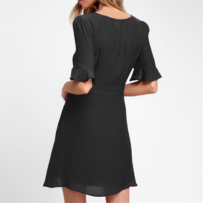 Women Summer Dress Casual Short Sleeve Elegant Bandage Bodycon Black Party Dress Buttons Mini Beach Dress Sundress Vestidos 210414