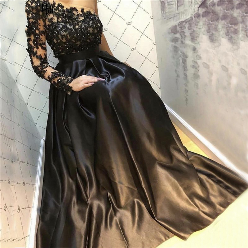 One Shoulder Black Long Evening Dress Party Elegant Robe De Soiree Long Sleeve Vintage Prom Gown 2021