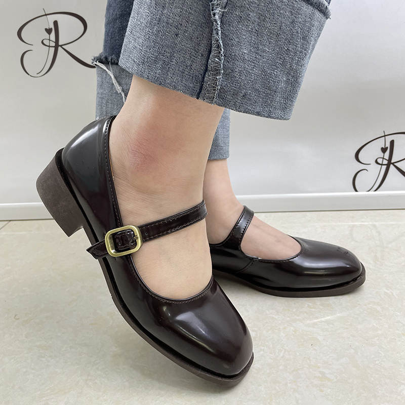 Rimocy Vintage Square Toe Patent Leather Shoes Women Ankle Strap Low Heel Mary Jane Shoes Woman Dark Brown Shallow Pumps 220402