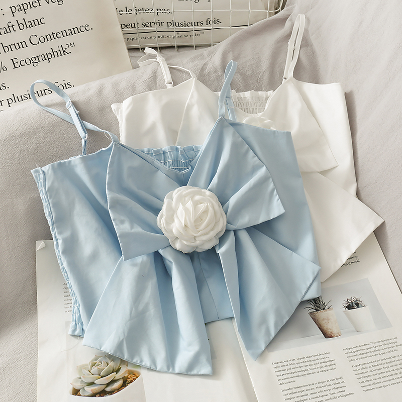 spring fashion women clothes Bow flower strapless sexy bust T-shirt summer beach clothing WK32305M 220325