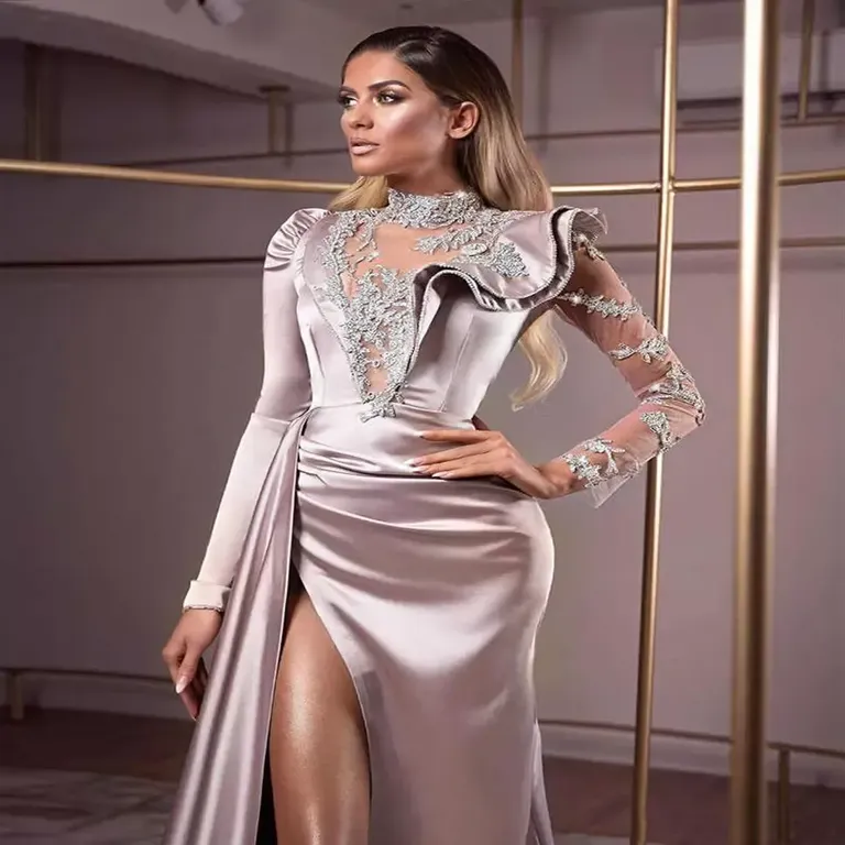 Plus Size Arabic Aso Ebi Lace Beaded Mermaid Prom Dresses High Split Satin Sheer Neck Evening Formal Party Second Reception B0519221