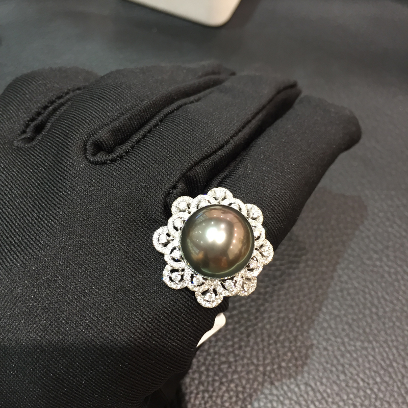 13-14MM Natural black pearl ring 18K whtie gold with diamond tahiti pearl flower big pearl ring fine women jewelry