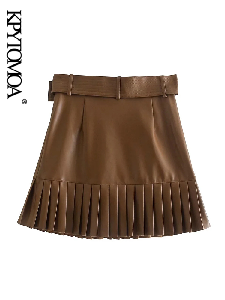 KPYTOMOA Women Fashion With Belt Faux Leather Pleated Mini Skirt VIntage High Waist Side Zipper Female Skirts Mujer 220322