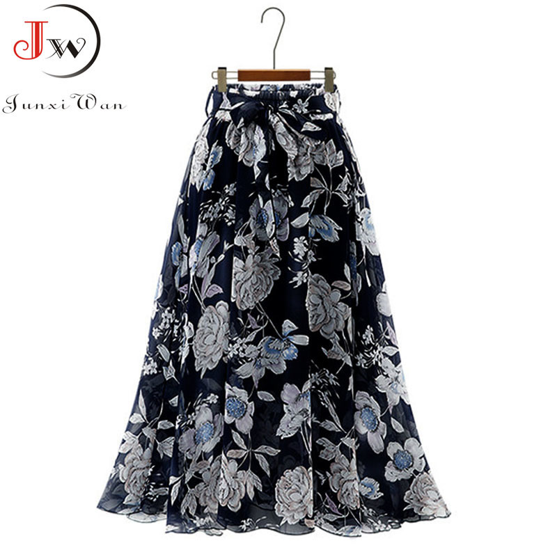 Vintage floral print chiffon skirts women Sprint Summer korean A line Pink streetwear high waist ladies midi skirt 220701